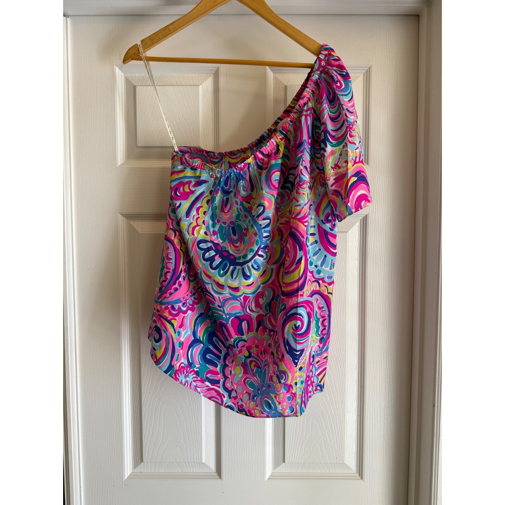 Lilly Pulitzer Silk One Shoulder Blouse Womens M Pink Blue Paisley Top